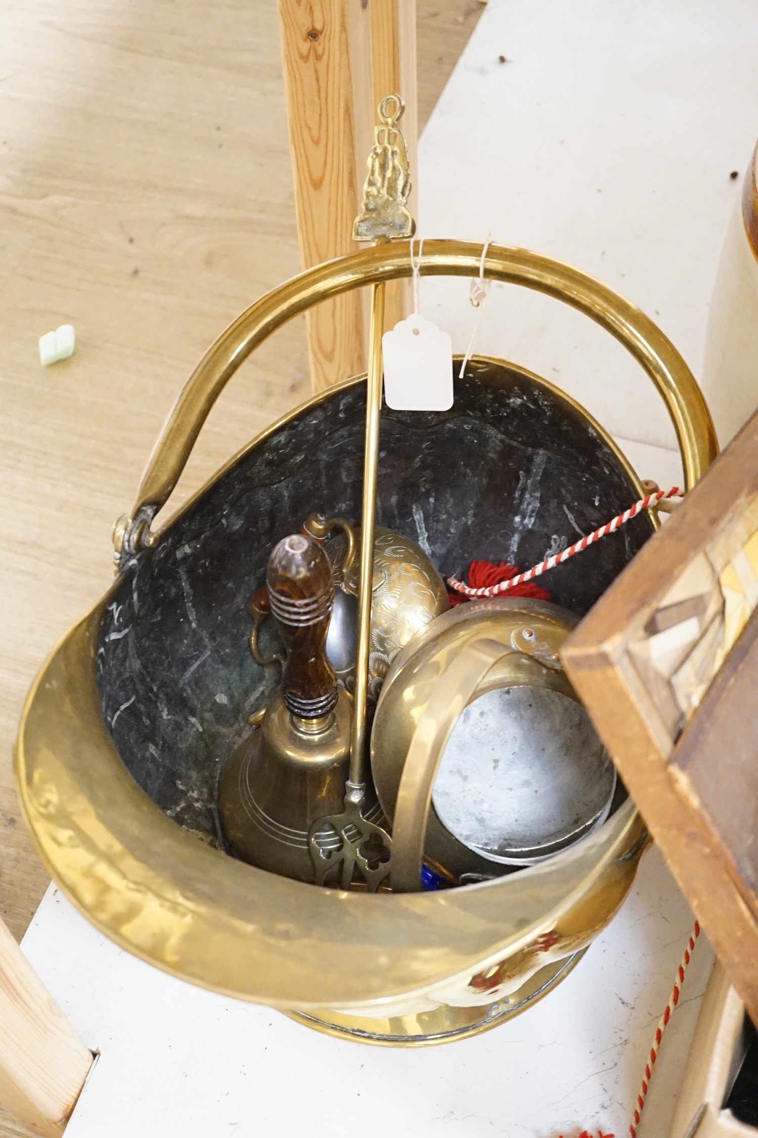 A dagger, various copper and brass wares, A Victorian helmet shaped coal scuttle and other metalware, and a An ecclesiastical incense stand, height 62cm